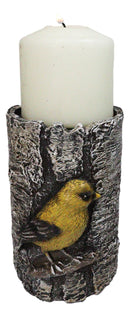 Yellow Goldfinch Candle Stand on Birch Tree Candle Holder Rustic Bird Figurine
