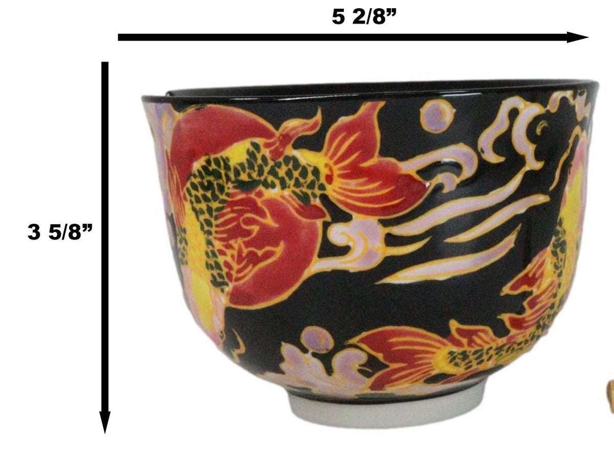 Black Oriental Koi Fishes Ceramic Donburi Ramen Soup Bowl With Chopsticks Set