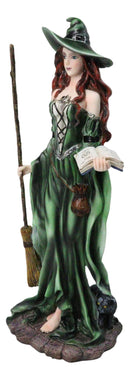 Wicca Magic Green Witch Figurine with Broomstick, Spell Book & Black Cat, 10"H
