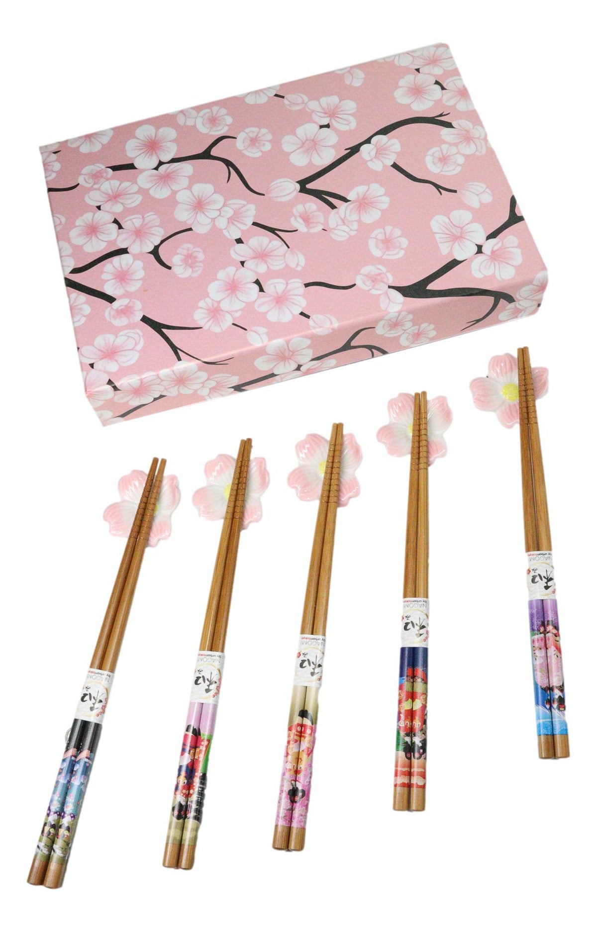 5 Pairs Of Pink Cherry Blossoms Sakura Ceramic Rests With Wooden Chopsticks Set