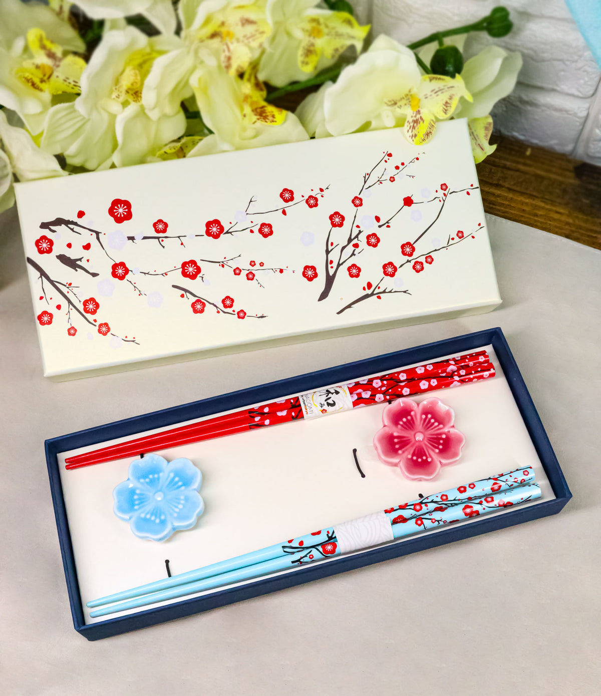 Red Blue Sakura Cerry Blossoms Flowers Set of 2 Chopsticks And Ceramic Rests Set