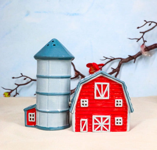 Ceramic Agricultural Country Farm Red Barn And Silo Salt And Pepper Shakers Set