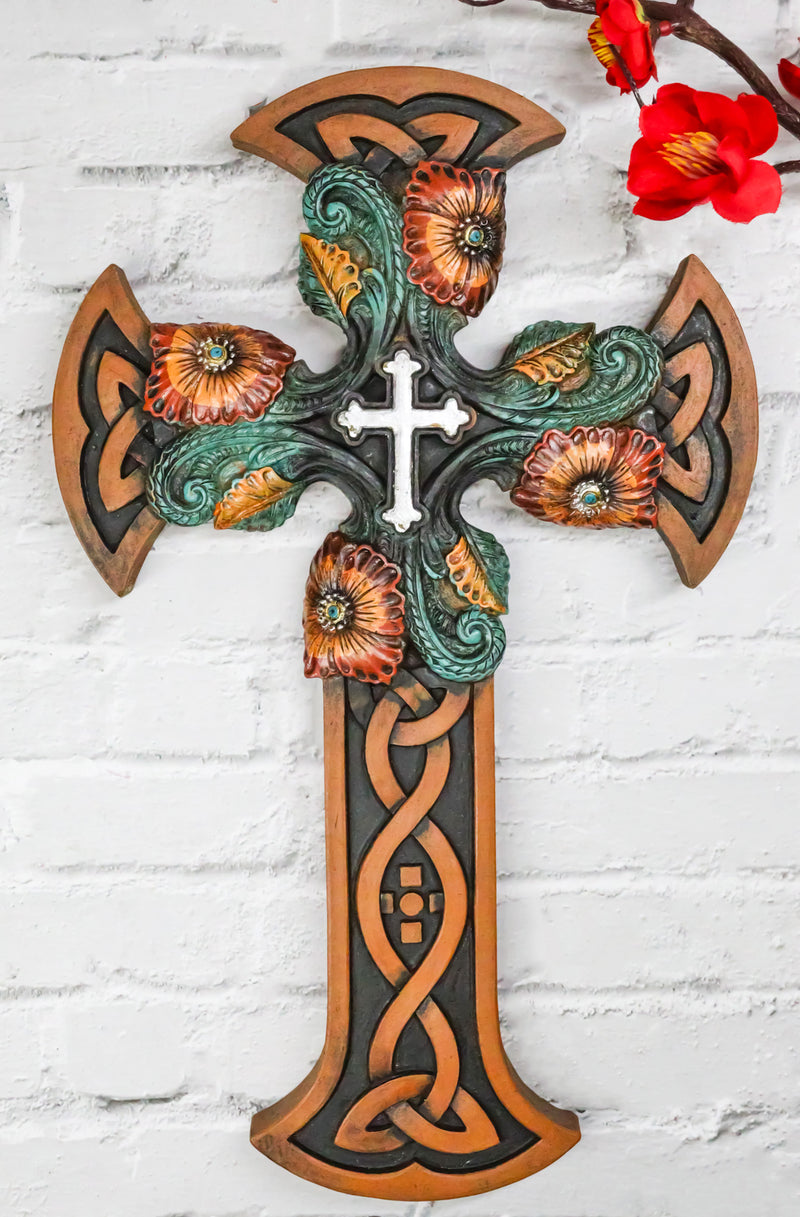 Celtic Knotwork Tooled Faux Leather Colorful Flowers Wall Cross Christian Decor