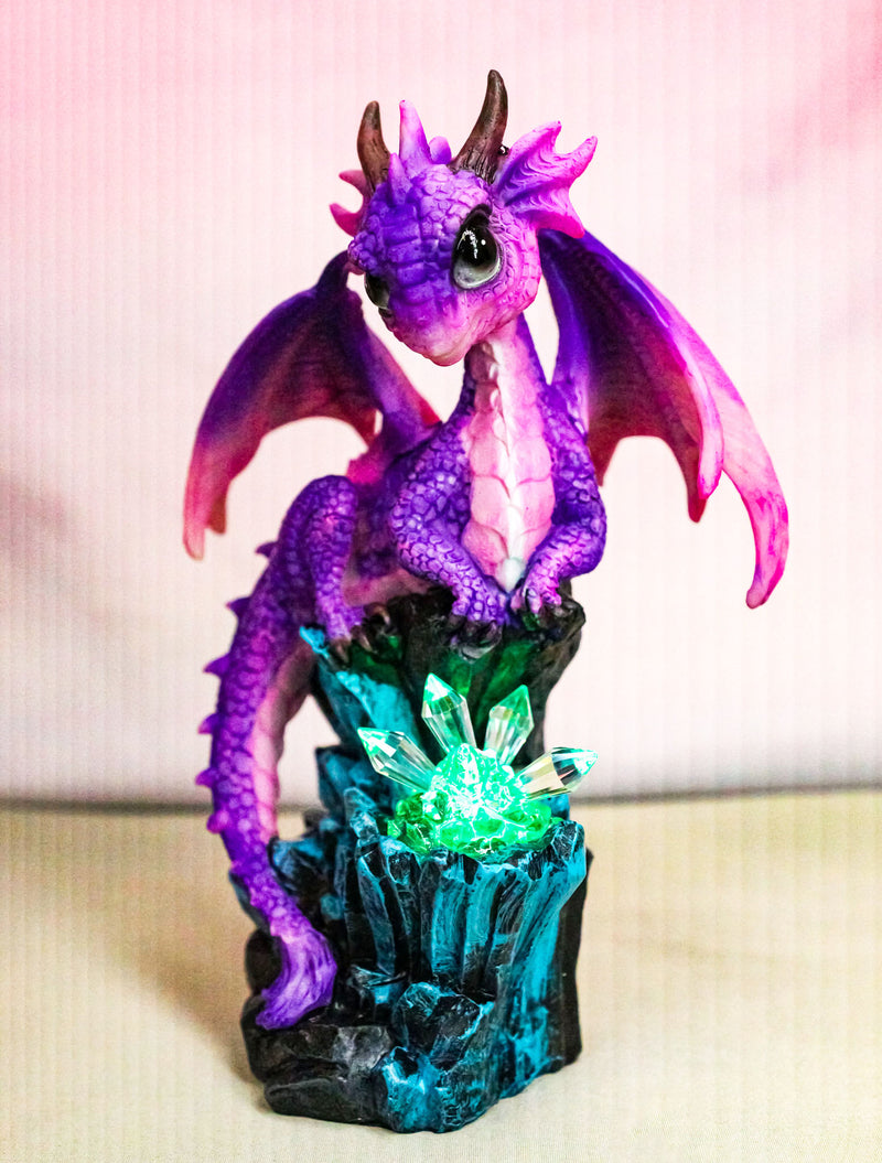Whimsical Adorable Purple Dragon Perching On LED Crystal Cave Rocks Figurine