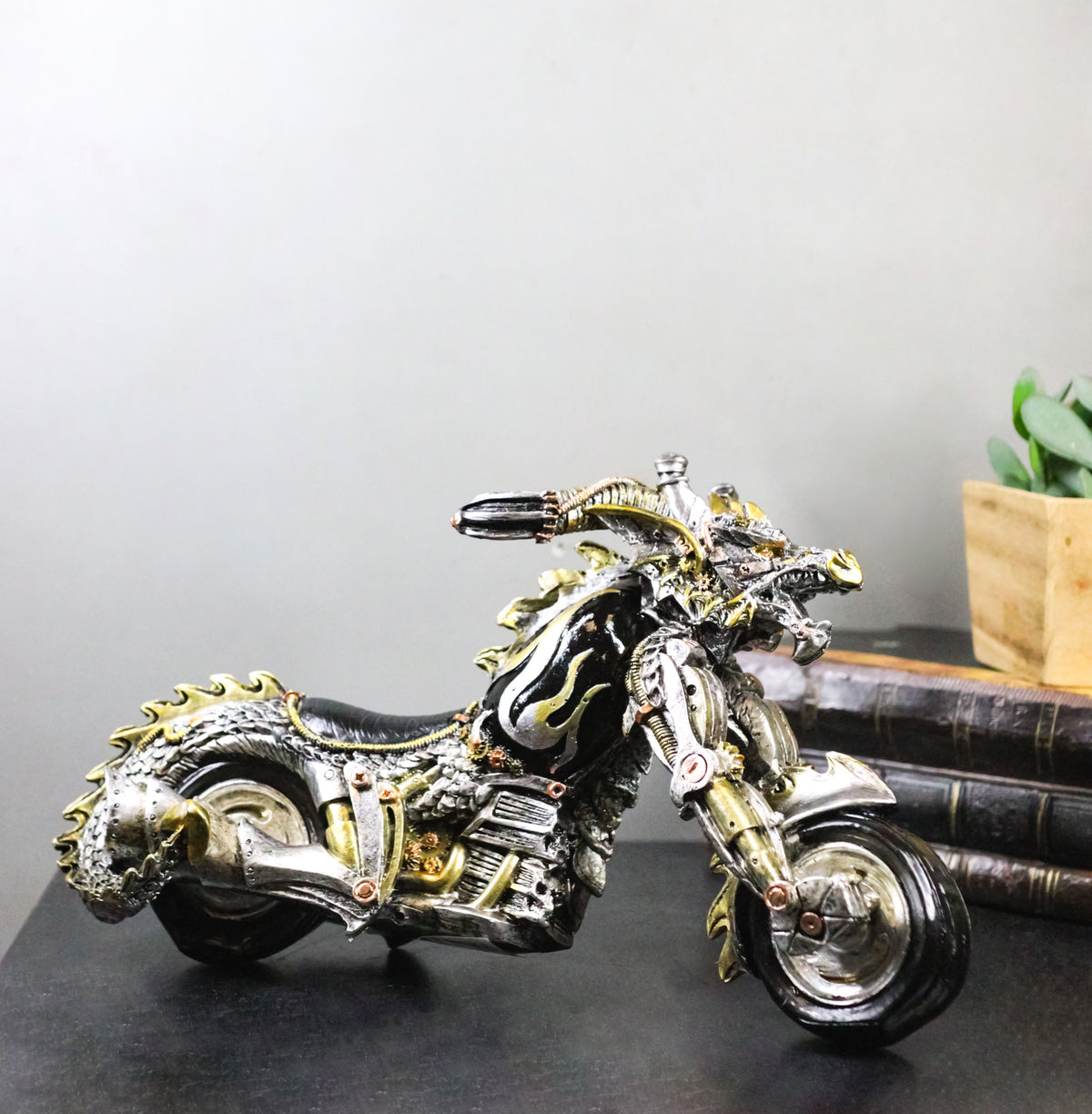 Dragon Motorcycle Metallic Silver & Gold Hot Rod Bike Sculpture Flame Accents
