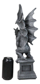 Large 17" H Gothic Crouching Wise Old Griffin Gargoyle On Pedestal Figurine
