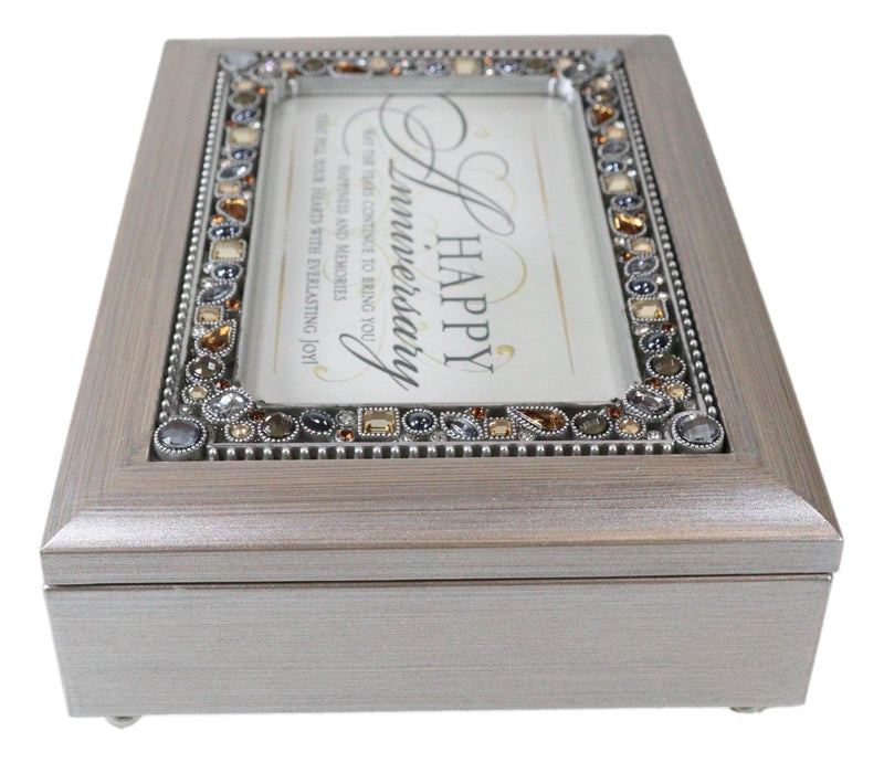 Happy Anniversary Polycast Brushed Pewter Crystal Gemstones Musical Trinket Box