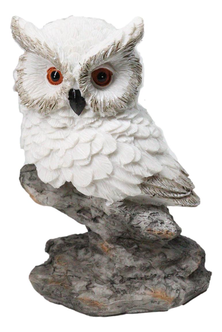 Whimsical White Snow Night Owl Perching On Tree Branch Figurine Decor