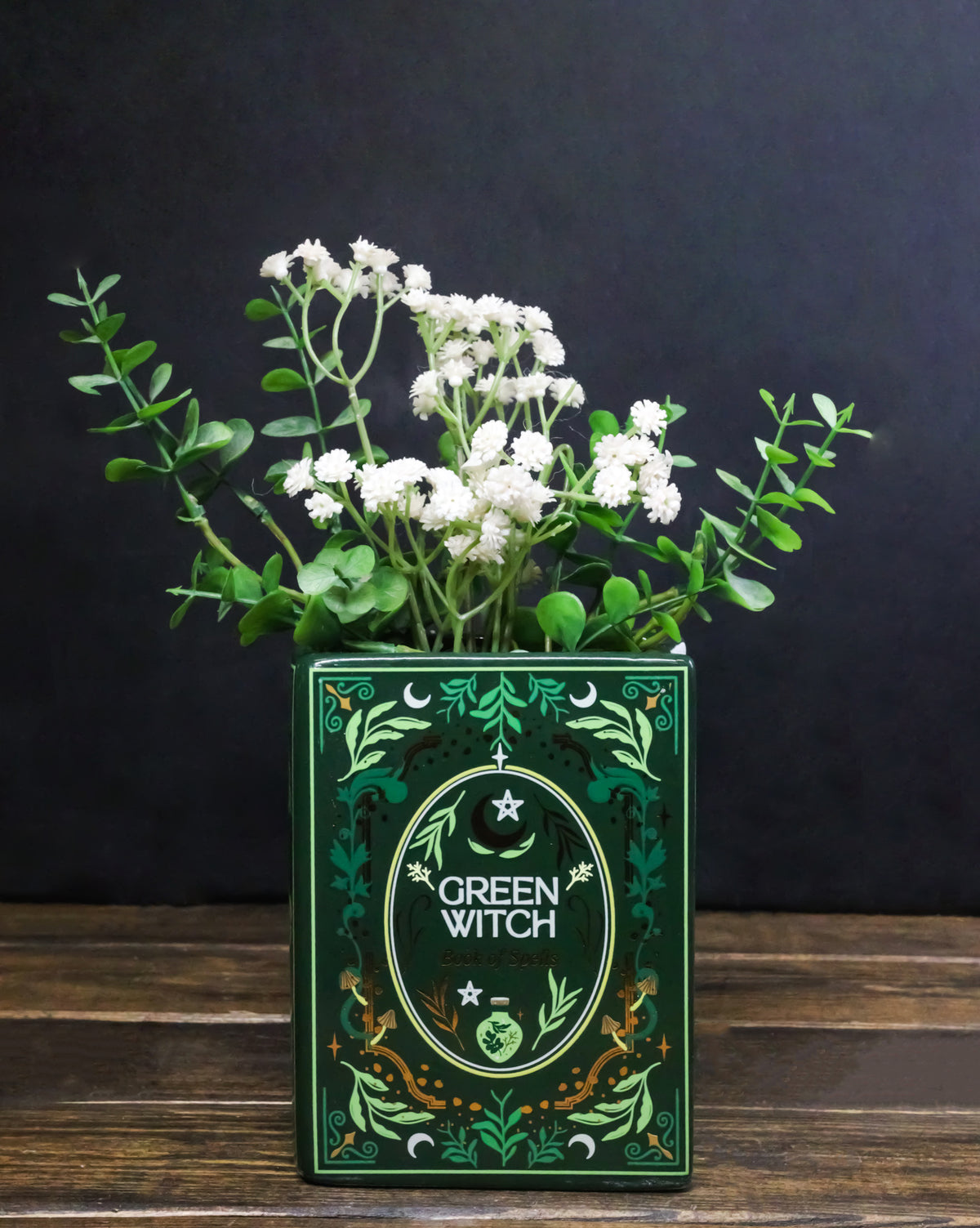 Ebros Green Witch Book of Spells Ceramic Flower Vase Gothic Grimoire Decor