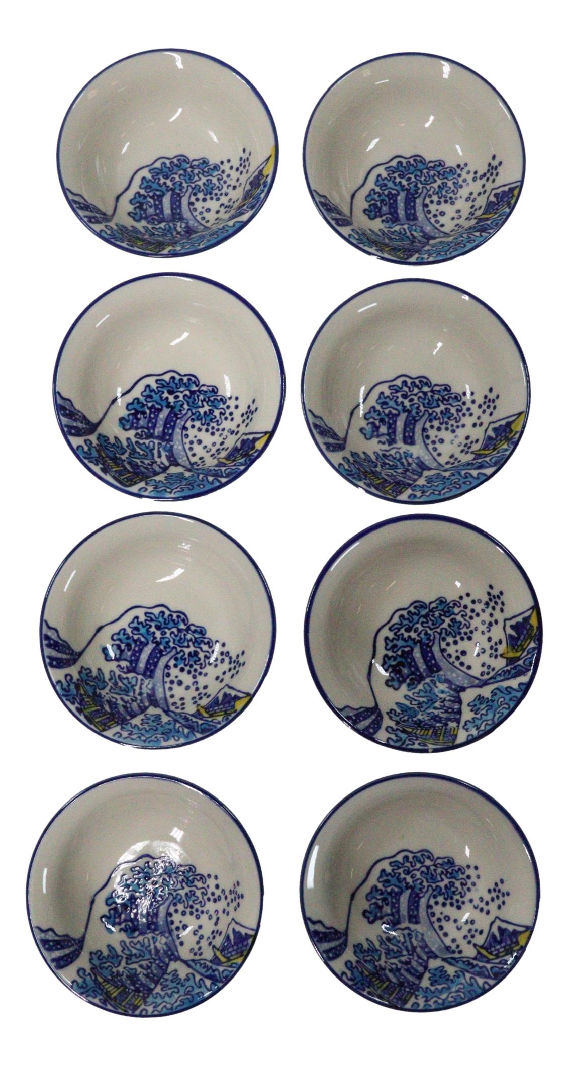 Pack Of 8 Ceramic Great Wave Of Kanagawa By Hokusai Sauce Oil Condiment Dishes - Ebros Gift