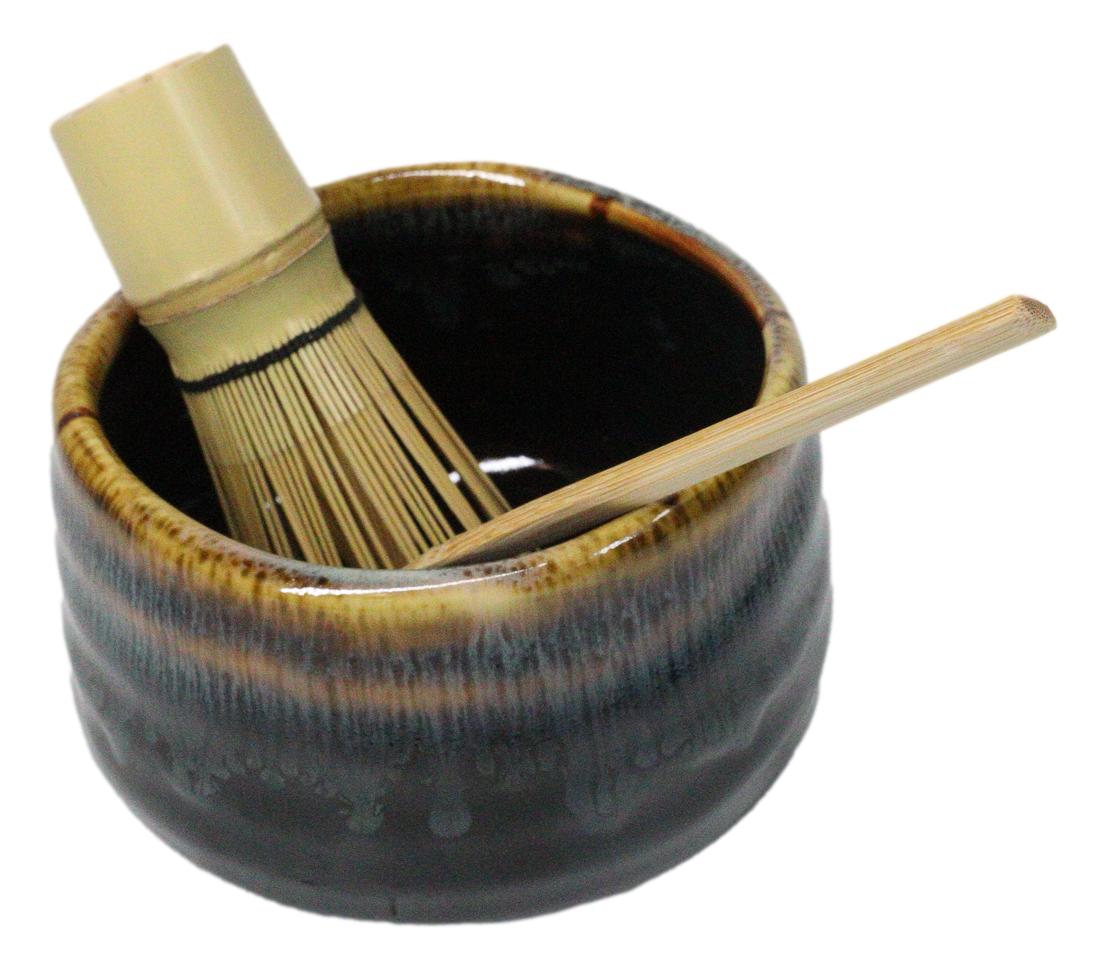 Black Brown Waterfall Ceramic Japanese Matcha Green Tea Bowl Whisk & Scoop Set