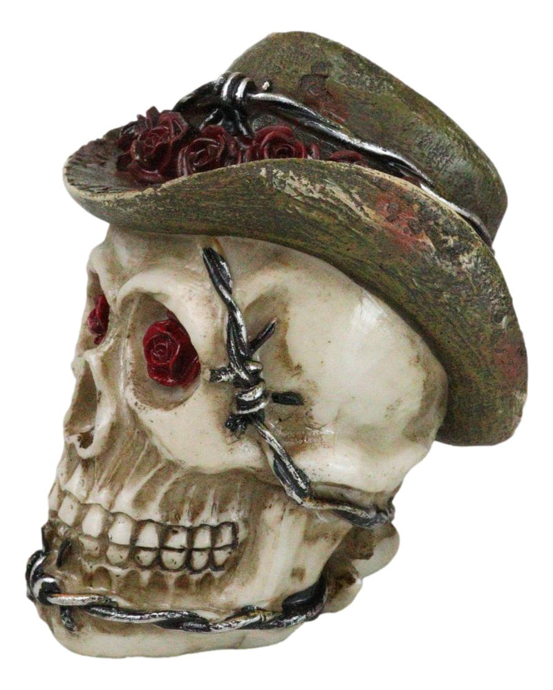 Western Old Wild West Cowboy Skull with Romantic Roses Barbed Wire Hat Figurine