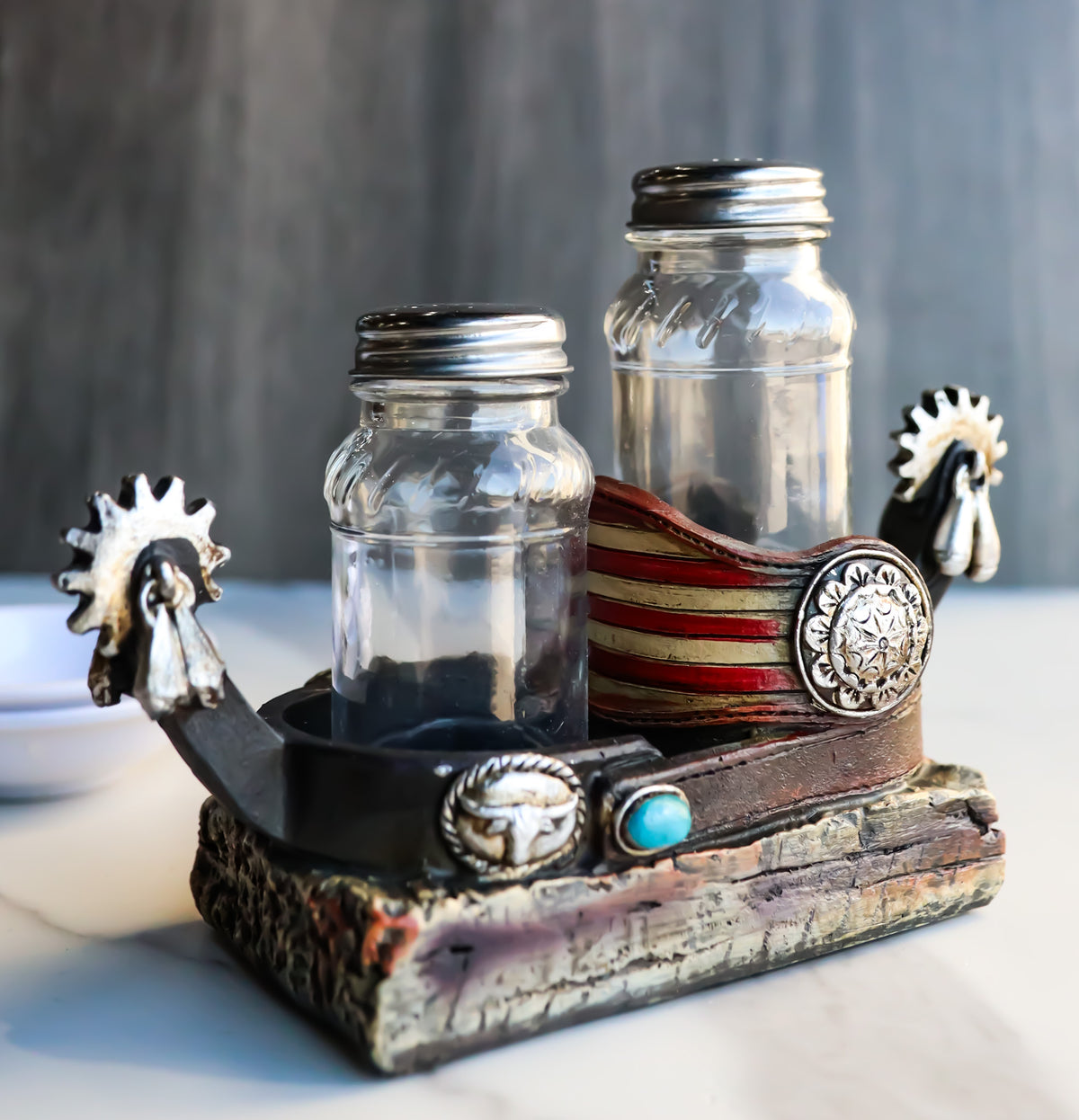 Western Cowboy Boot Spurs USA Flag Conchos Faux Leather Salt Pepper Shakers Set - Ebros Gift