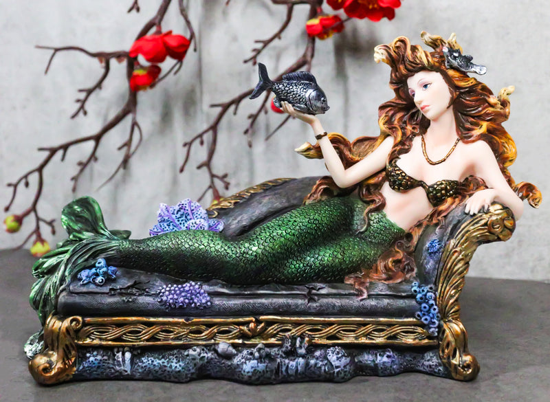 Queen Of Atlantis Siren Mermaid With Fish Resting On Sea Lounge Chair Figurine