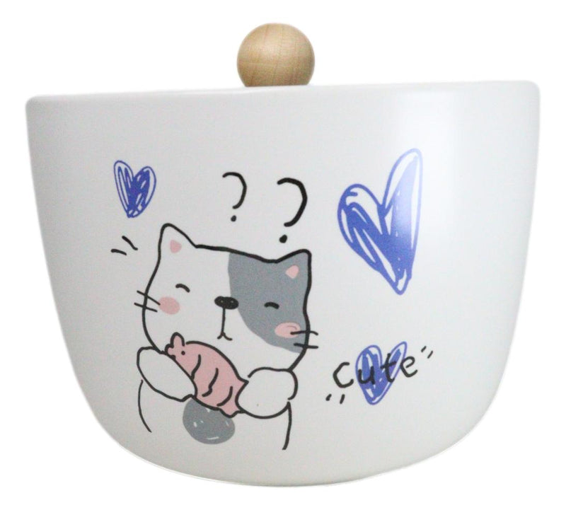 Whimsical Anime Cat With Fish Donburi Ramen Soup Bowl With Chopsticks And Lid