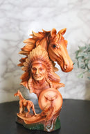 Faux Wood Horse & Native American Chief Figurine Western Tribal Headdress