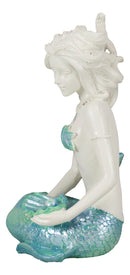 Nautical Aqua Capiz Blue Tailed Mermaid Holding Pearl In Clam Shell Figurine
