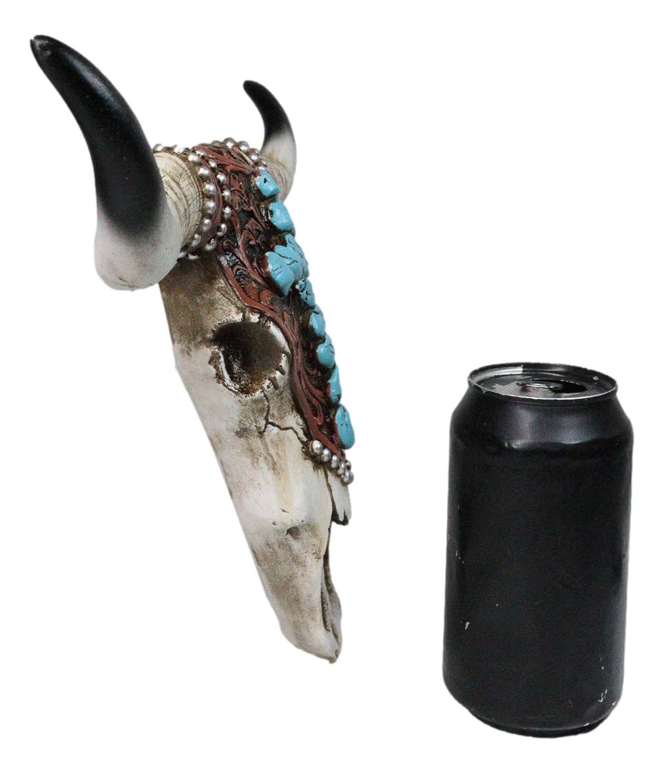 Southwest Steer Cow Skull With Turquoise Cross Tooled Leather Motif Wall Decor