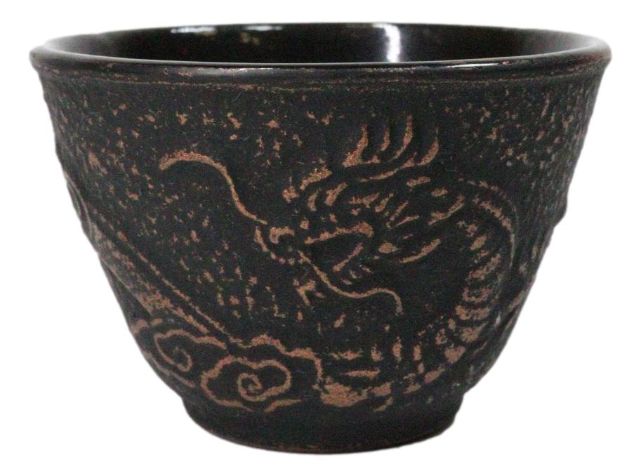 Rustic Bronze Dragon Etching Japanese Tetsubin Style Cast Iron Tea Cups Set of 4
