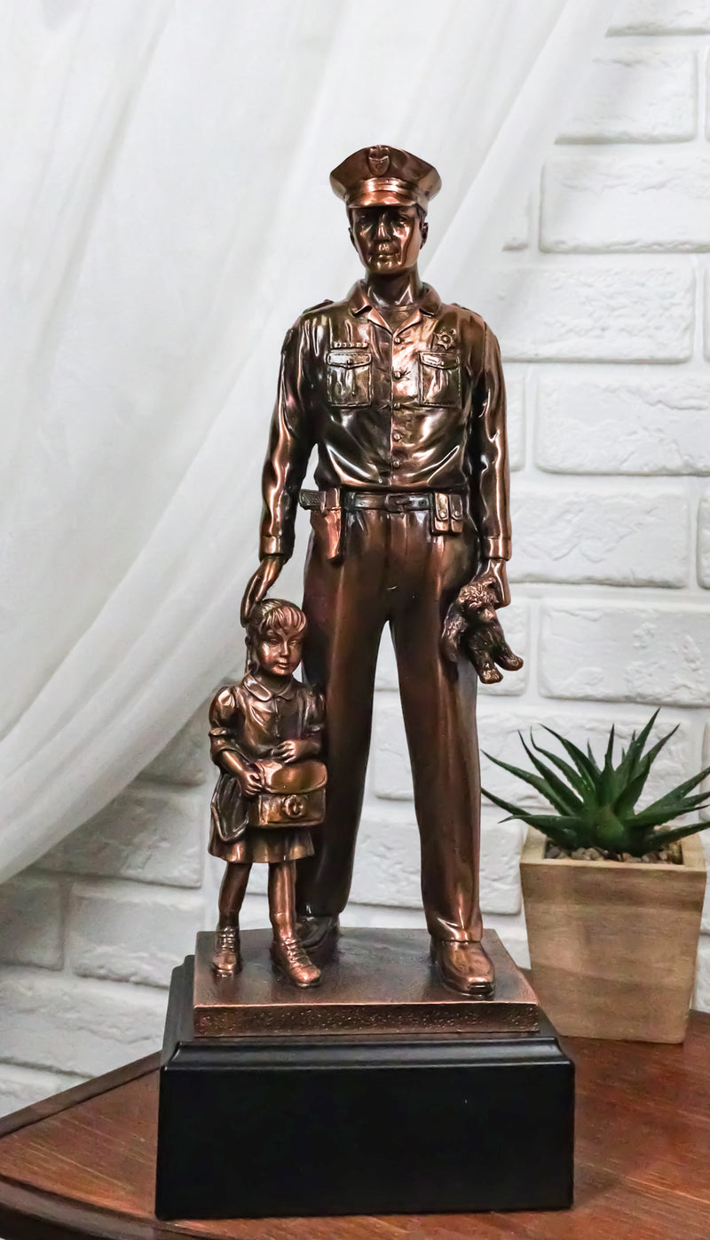 Heroic Men In Blue Police Officer Holding Girl Daughter Hand Bronzed Statue