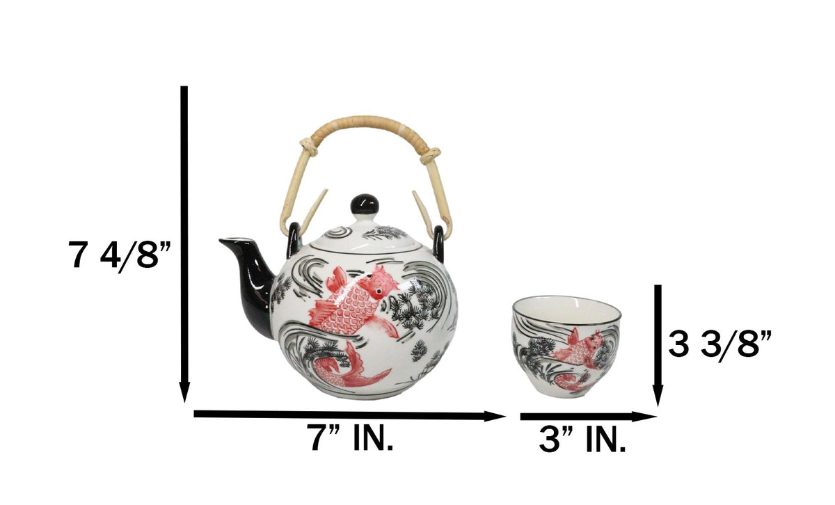 Red Black Koi Fish Porcelain 30oz Teapot With Bamboo Handle And 4 Tea Cups Set