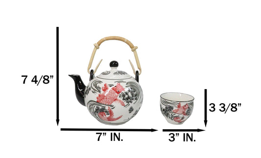 Red Black Koi Fish Porcelain 30oz Teapot With Bamboo Handle And 4 Tea Cups Set