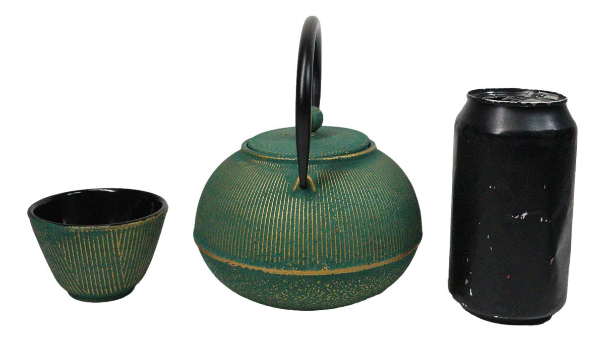 Green Tokusa Gold Streaks Tetsubin 27oz Cast Iron Tea Pot With 4 Cups Set