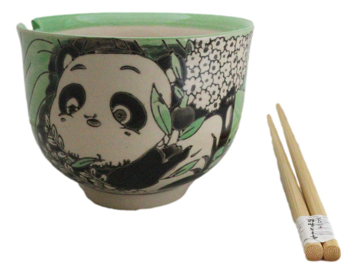 Green Lucky Panda With Flowers Ceramic Donburi Ramen Bowl With Chopsticks Set