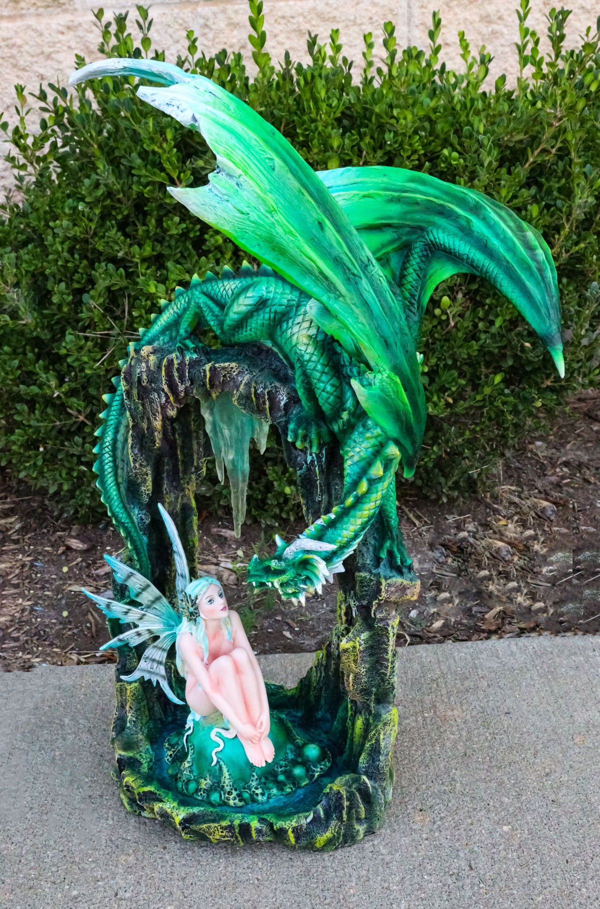 Large Elf Fairy With Green Emerald Dragon by Ice Crystals Stone Arch Statue