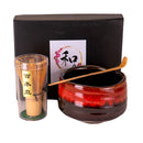 Red Brown Fire Volcano Ceramic Japanese Matcha Green Tea Bowl Whisk & Scoop Set