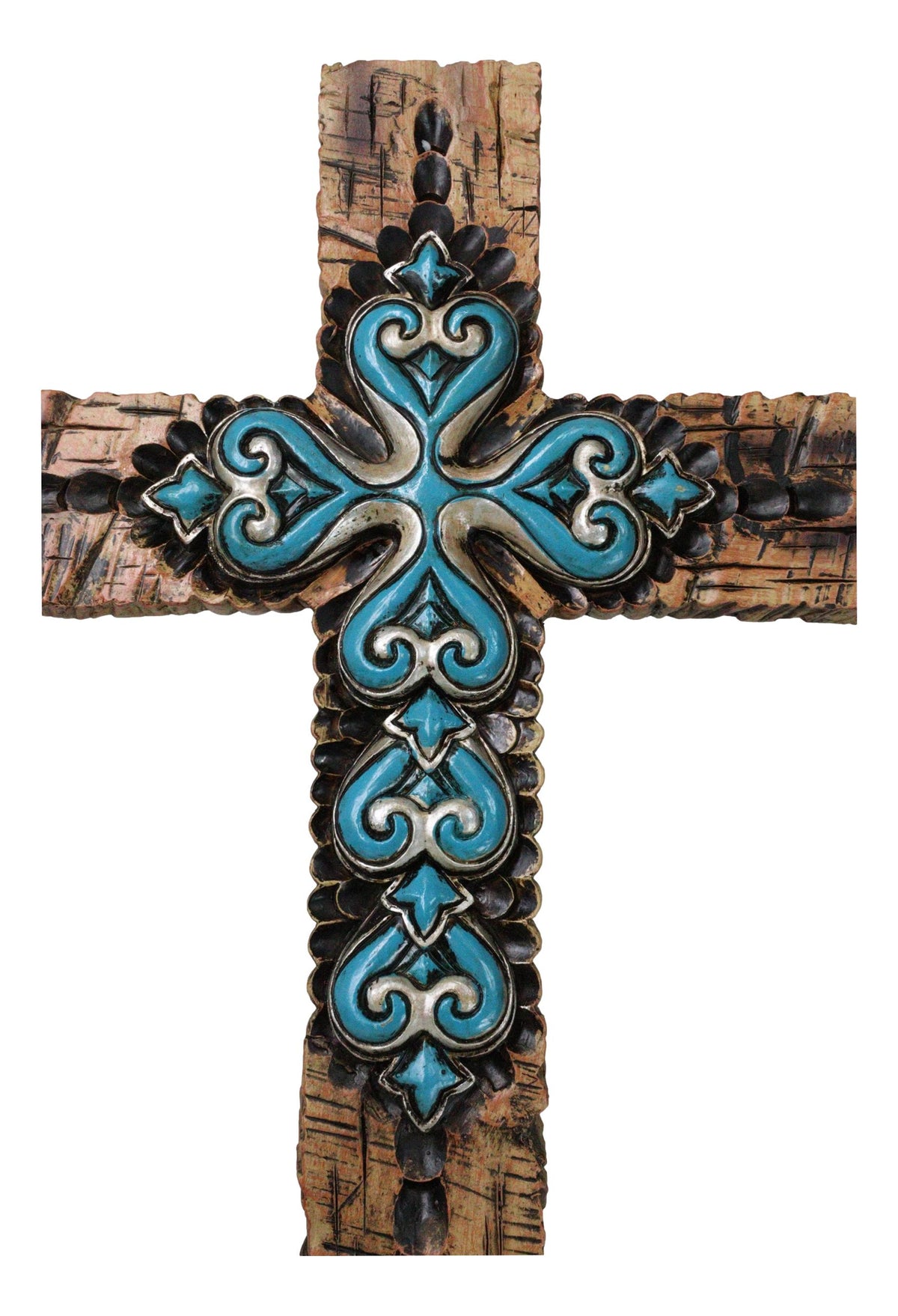Rustic Southwestern Faux Wooden Turquoise Fleur De Lis Scrollwork Wall Cross
