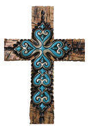 Rustic Southwestern Faux Wooden Turquoise Fleur De Lis Scrollwork Wall Cross