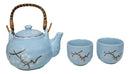 Blue Japanese Sakura Cherry Blossom Ceramic Tea Pot And 2 Cups Set Bamboo Handle