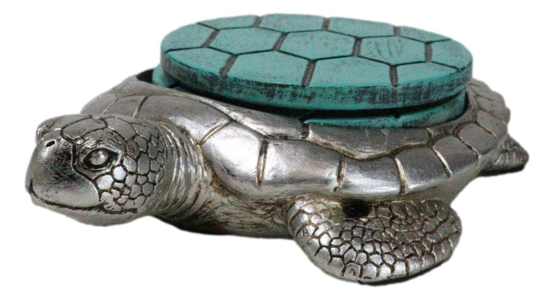 Marine Faux Antiqued Silver Sea Turtle With Turquoise Shell Round Coaster Set