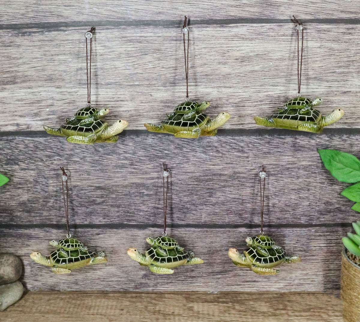 Set Of 6 Green Mother and Baby Sea Turtles Marine Wall Decor Tree Ornaments