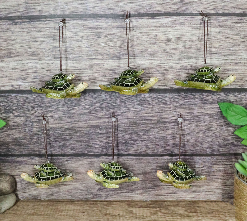 Set Of 6 Green Mother and Baby Sea Turtles Marine Wall Decor Tree Ornaments