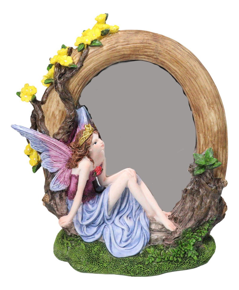 Beautiful Crowned Fairy Daydreaming in The Forest Table Desktop Mirror Figurine
