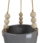 Contemporary Ribbed Ceramic Grey Oval Hanging Planter Pot With Beaded Strings