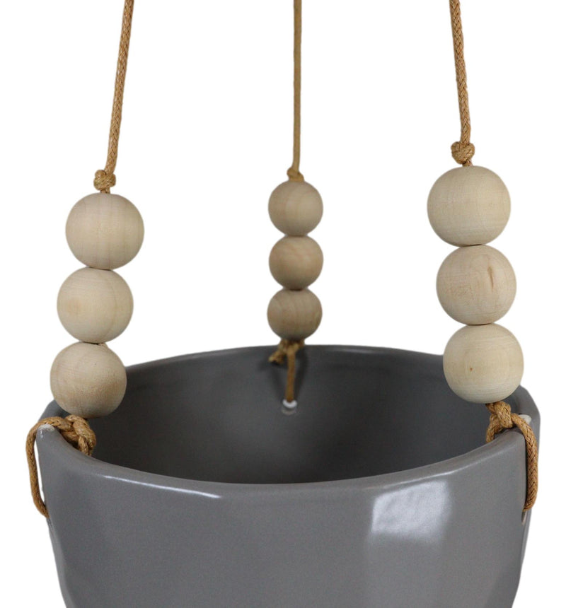 Contemporary Ribbed Ceramic Grey Oval Hanging Planter Pot With Beaded Strings