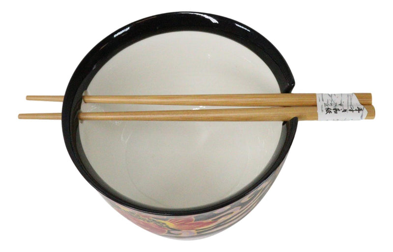 Black Oriental Koi Fishes Ceramic Donburi Ramen Soup Bowl With Chopsticks Set
