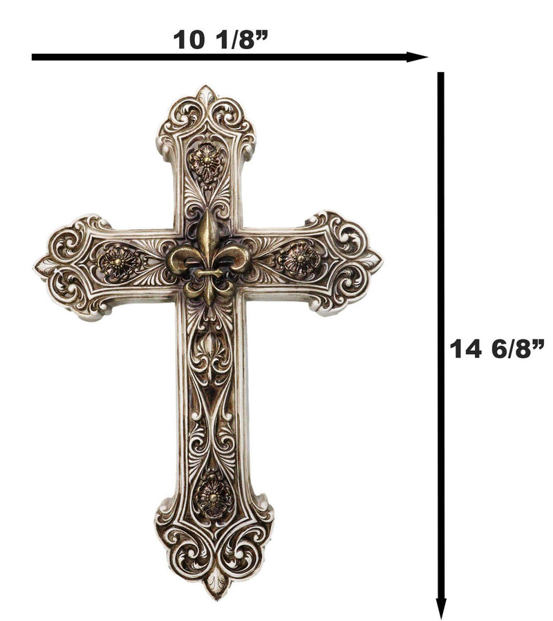 Rustic Royal French Fleur De Lis Emblem with Ornate Scrollwork Wall Cross Decor