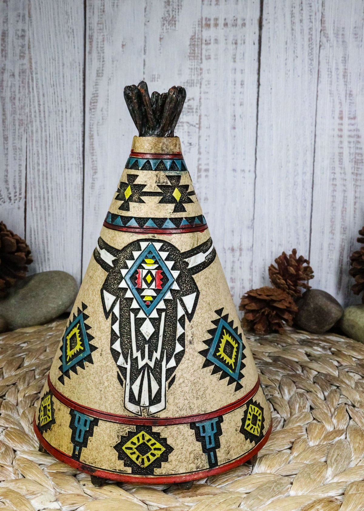 Rustic Southwestern Indian Teepee Hut With Aztec Cow Skull Money Coin Piggy Bank