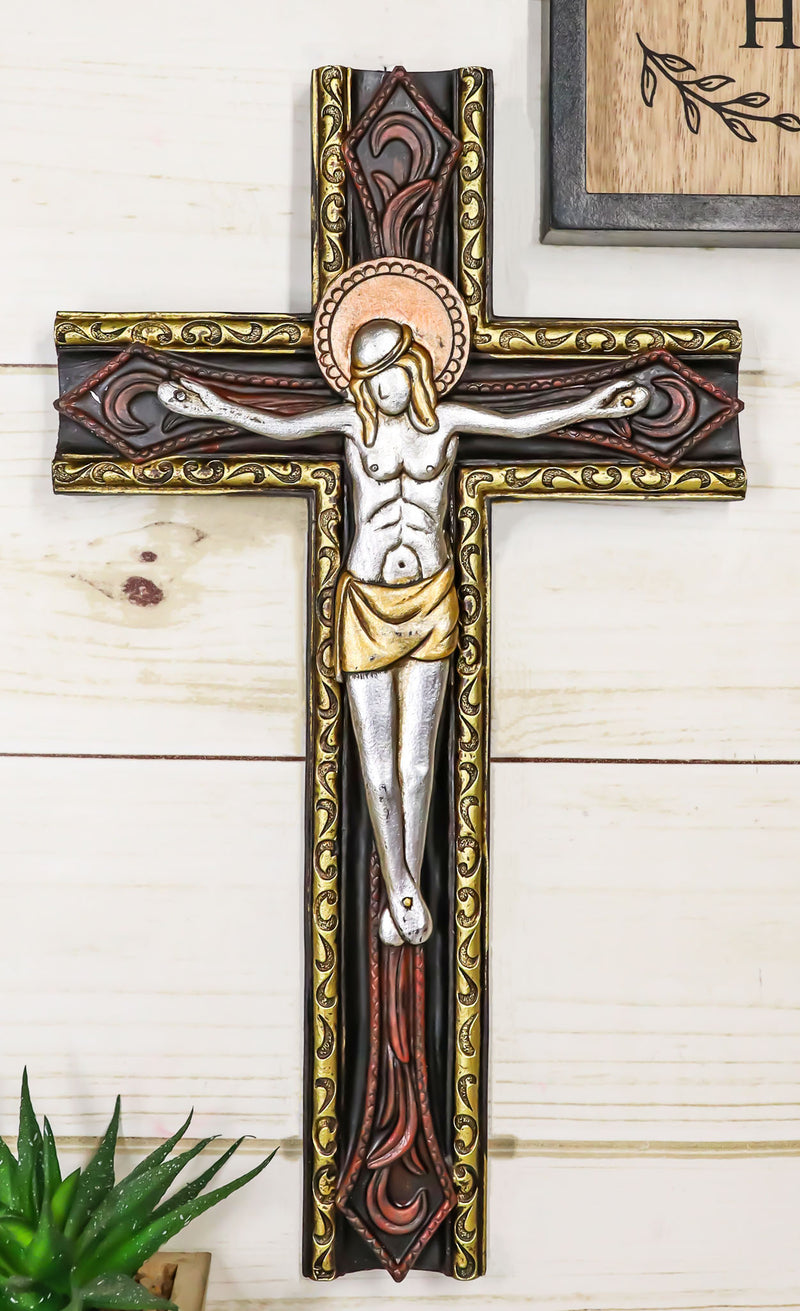 Catholic Tooled Gold Silver Abstract Passion Of Jesus Christ Crucifix Wall Cross