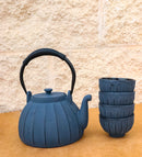 Gray Vertical Lines Design Tetsubin Cast Iron Teapot 33oz And 4 Tea Cups Set