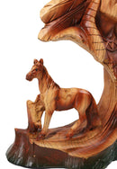 Faux Wood Horse & Native American Chief Figurine Western Tribal Headdress