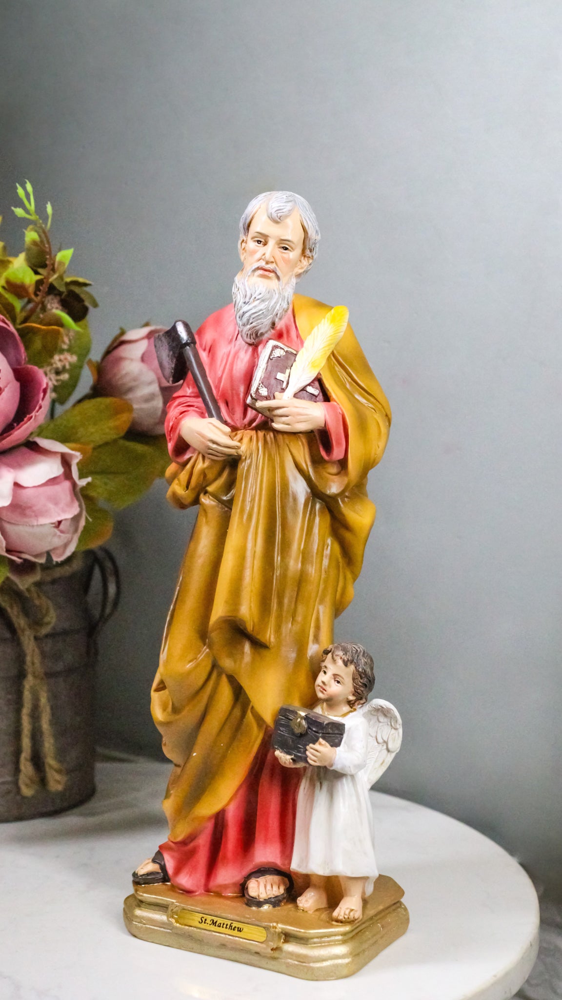 Christian Apostle Of Jesus Saint Matthew The Evangelist with Angel Figurine 8"H