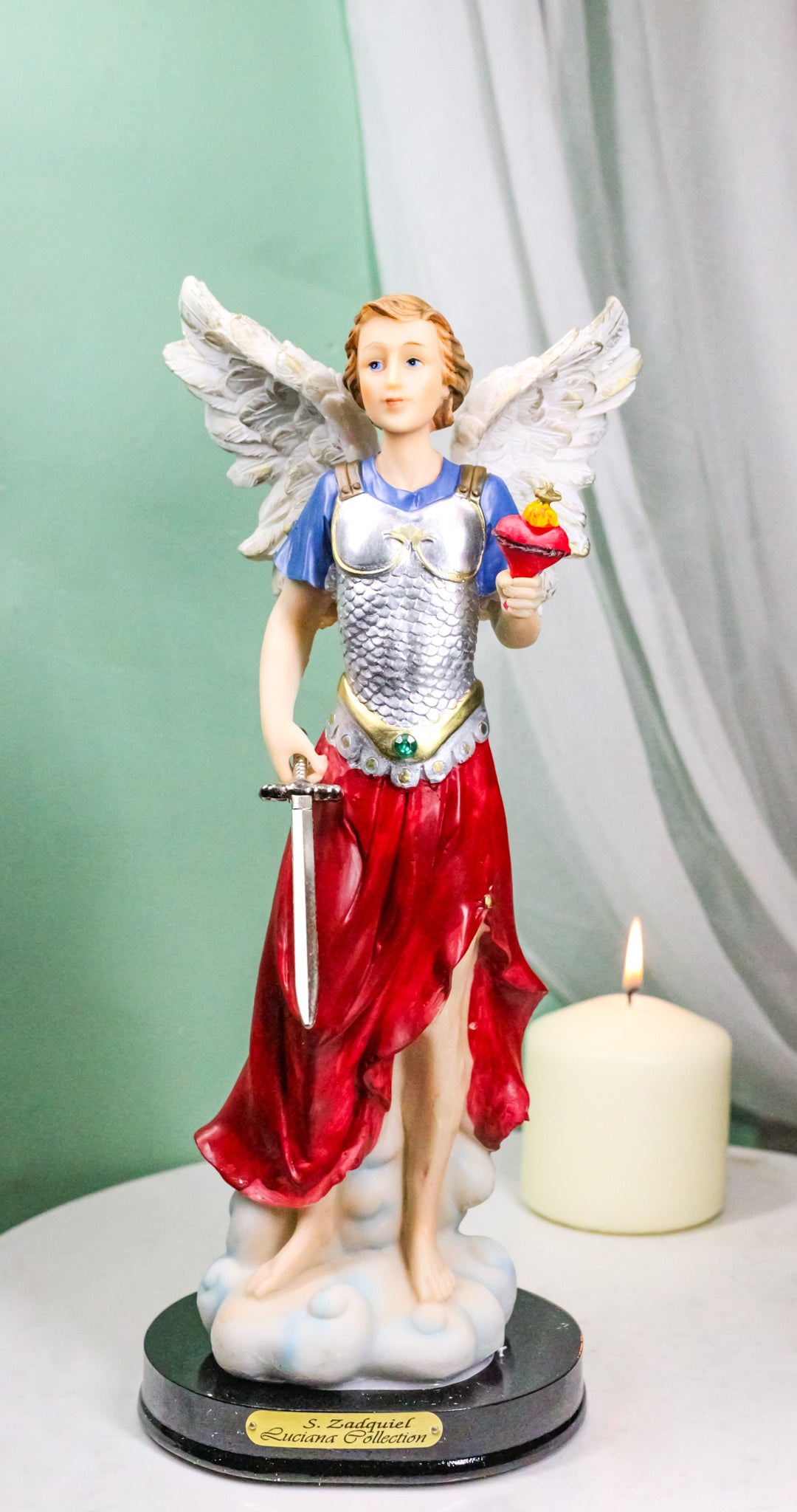 Archangel Saint Zadquiel Holding Dagger Figurine With Base 12" Angel Of Mercy