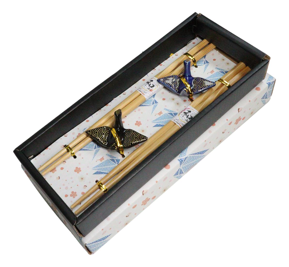 Blue And Black Seigaiha Artful Cranes Set of 2 Chopsticks And Ceramic Rests Set