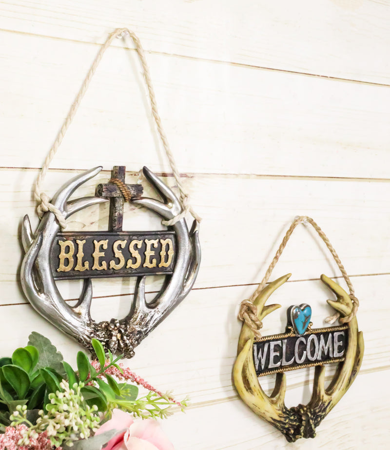 Set of 2 Rustic Western Deer Antlers Blessed And Welcome Wall Signs Ornaments