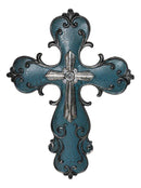 Southwest Rustic French Fleur De Lis Scroll in Turquoise Layered Wall Cross
